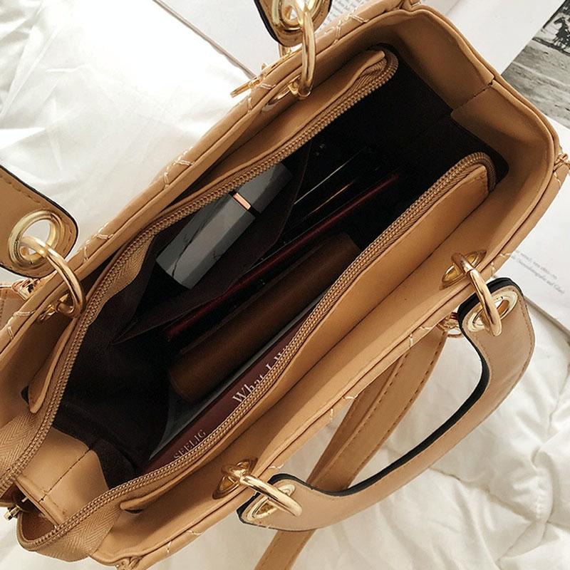 Leather Crossbody Bag With Rhombus Pattern For Women - Brown