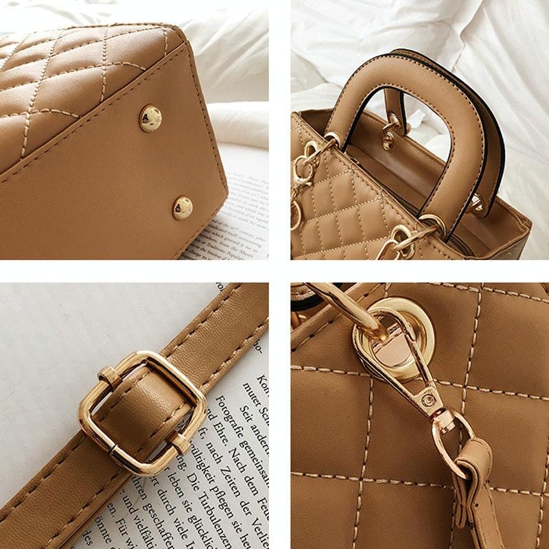 Leather Crossbody Bag With Rhombus Pattern For Women - Brown