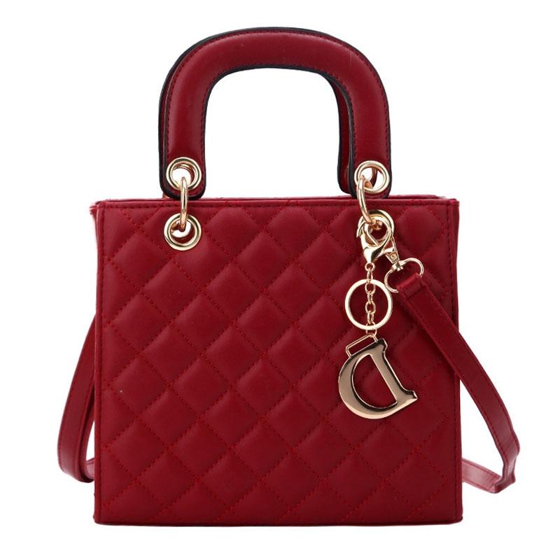 Leather Crossbody Bag With Rhombus Pattern For Women - Brown