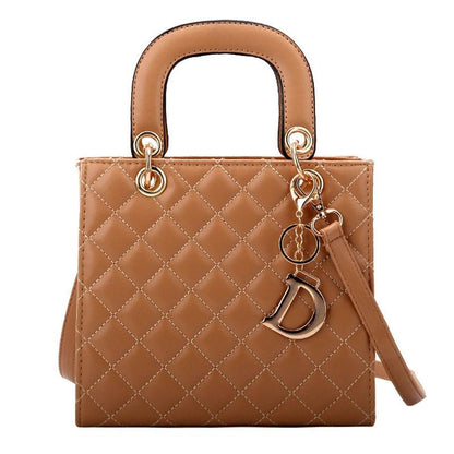 Leather Crossbody Bag With Rhombus Pattern For Women - Brown