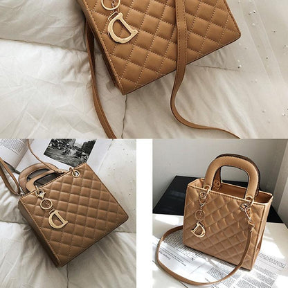 Leather Crossbody Bag With Rhombus Pattern For Women - Brown