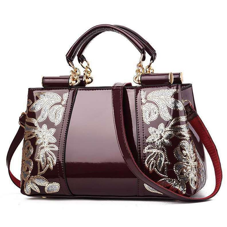 Shiny Leather Handbag With Single-Sided Embroidery - Rice-White