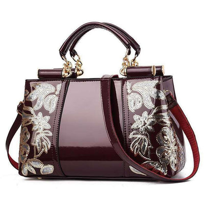 Shiny Leather Handbag With Single-Sided Embroidery - Rice-White