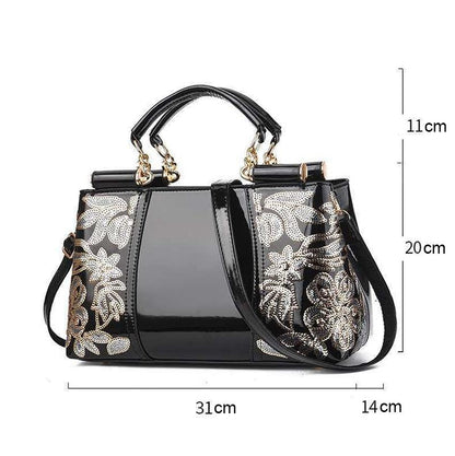 Shiny Leather Handbag With Single-Sided Embroidery - Rice-White