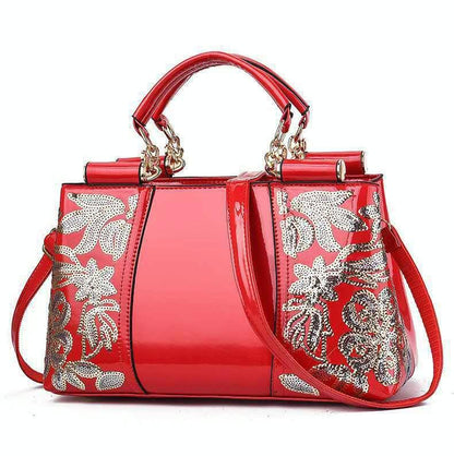 Shiny Leather Handbag With Single-Sided Embroidery - Rice-White