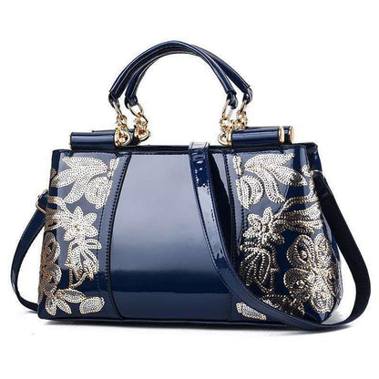 Shiny Leather Handbag With Single-Sided Embroidery - Rice-White