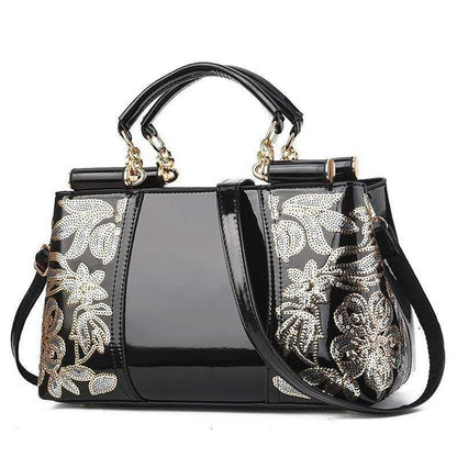 Shiny Leather Handbag With Single-Sided Embroidery - Rice-White