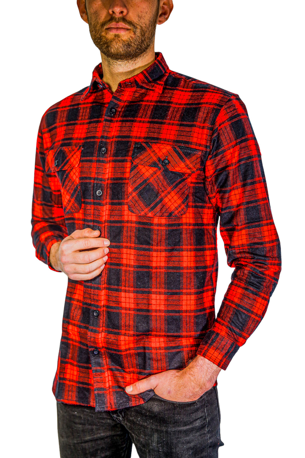 Mens Flannelette Long Sleeve Shirt 100% Cotton Check Authentic Flannel - Full Placket - Red - XXL