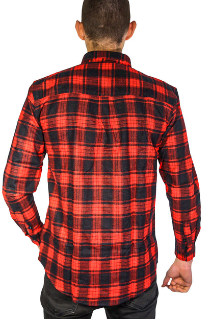 Mens Flannelette Long Sleeve Shirt 100% Cotton Check Authentic Flannel - Full Placket - Red - XXL