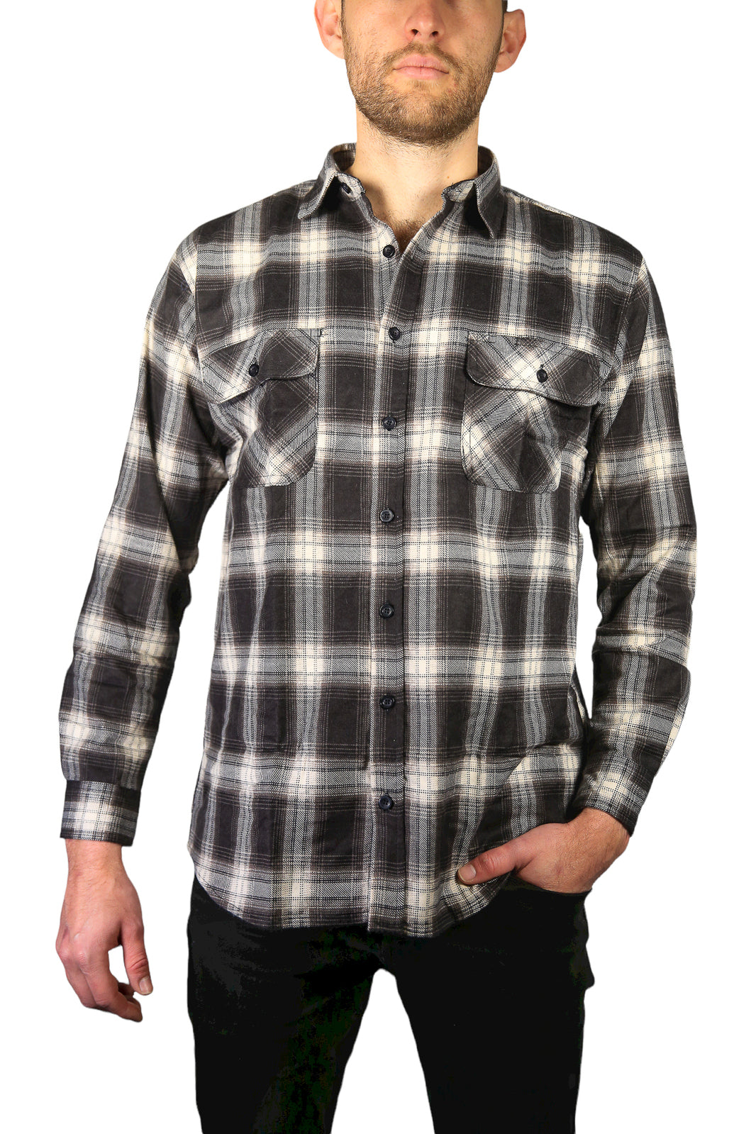 Mens Flannelette Long Sleeve Shirt 100% Cotton Check Authentic Flannel - Full Placket - Black - 6XL