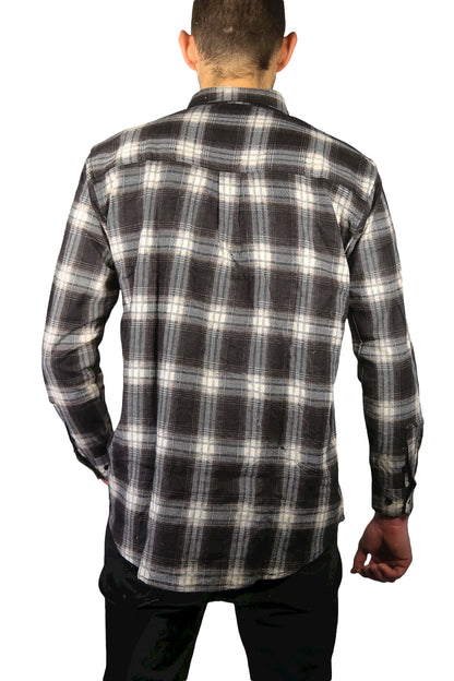 Mens Flannelette Long Sleeve Shirt 100% Cotton Check Authentic Flannel - Full Placket - Black - 6XL