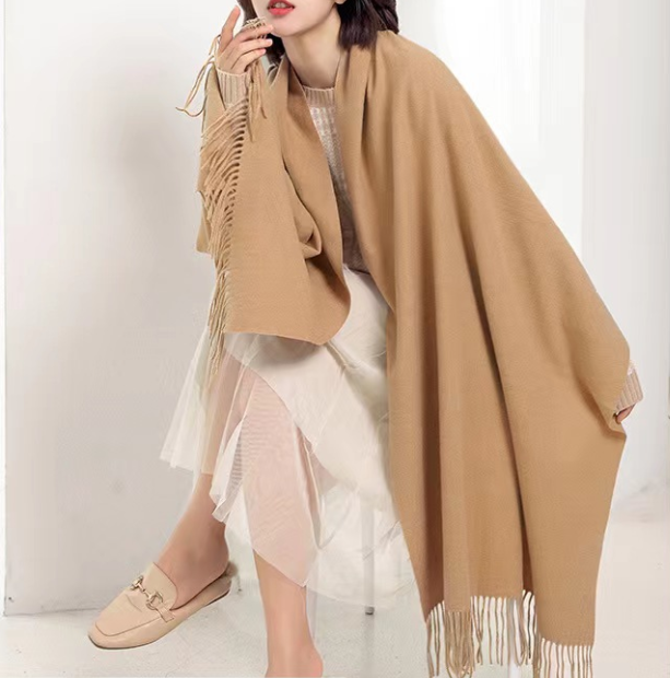 Jujube Red 2 PCS Faux Cashmere Solid Color Scarf Shawl with Tassels - Warm Korean Style Wrap (180cm x 70cm)