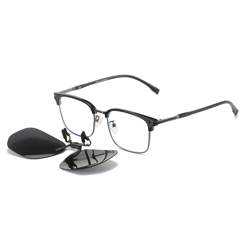 Black-grey 2-Piece Flip-Up Sunglasses Clip-On Set for Glasses - UV-Protective Square Polarized Lenses for Driving
