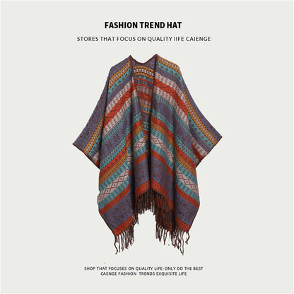 Orange Plaid Ethnic Boho Shawl for Women - Stylish Split Cape for Travel and Cooling Rooms