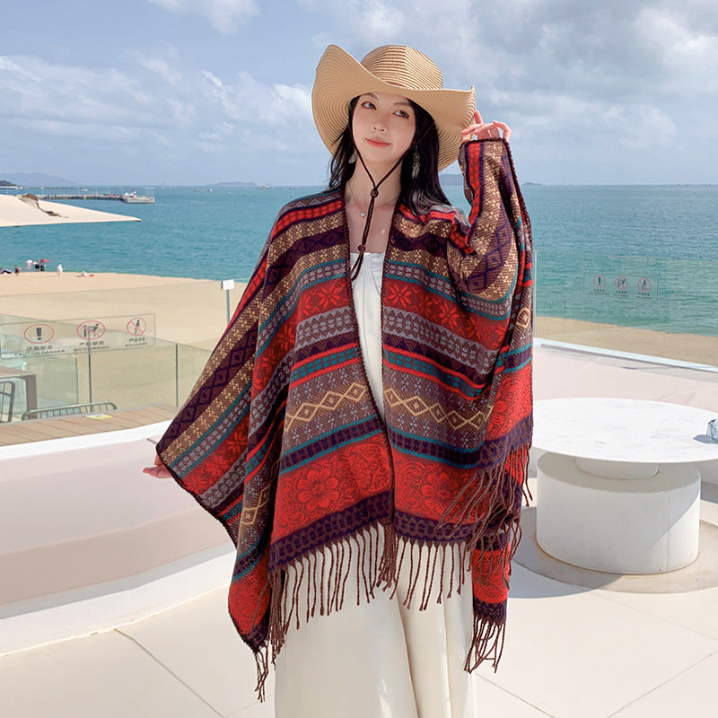 Orange Plaid Ethnic Boho Shawl for Women - Stylish Split Cape for Travel and Cooling Rooms